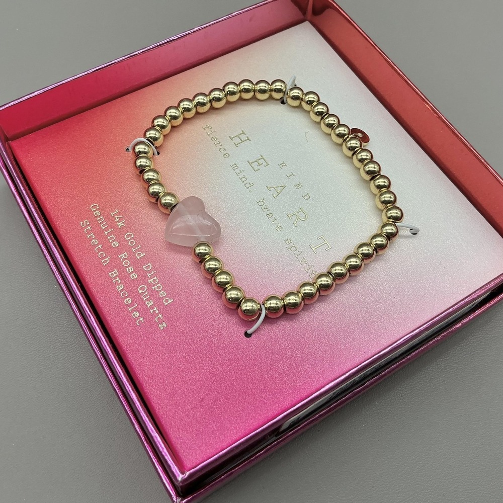 A New Day Bracelet 14k Gold Dipped Rose Quartz Heart Stretch Womens‎ Jewelry - Picture 5 of 6